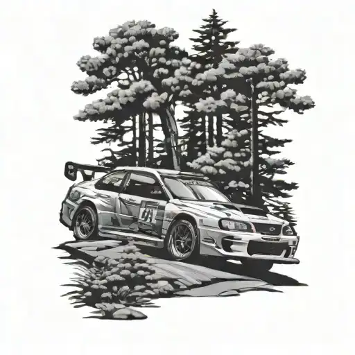 1998 subaru WRC rally car evergreen tree background black and white tattoo design idea