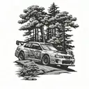 1998 subaru WRC rally car evergreen tree background black and white tattoo design idea