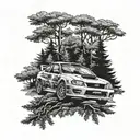 1998 subaru WRC rally car evergreen tree background black and white tattoo design idea