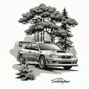 1998 subaru WRC rally car evergreen tree background black and white tattoo design idea
