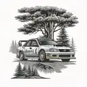 1998 subaru WRC rally car evergreen tree background black and white tattoo design idea