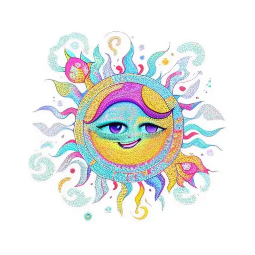 A vibrant and whimsical sun design inspired by the Sun from the movie Tangled, surrounded by delicate flowers and butterflies. tattoo design idea