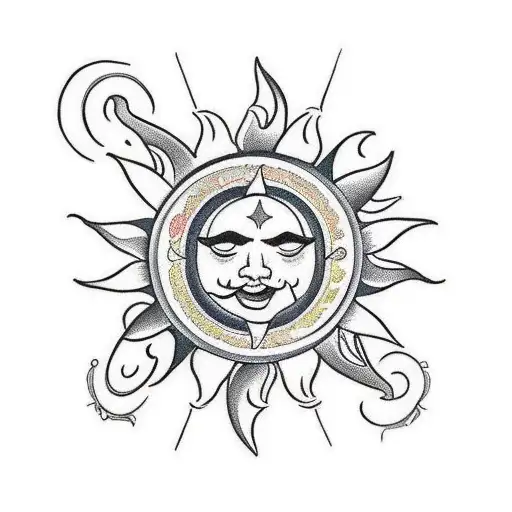 A traditional-style tattoo featuring the iconic Sun from Tangled, with bold lines and vibrant colors, reminiscent of classic American tattoos. tattoo design idea
