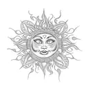 A traditional-style tattoo featuring the Sun from Tangled surrounded by a decorative frame of filigree and ornamental patterns, giving it a timeless and elegant look. tattoo design idea