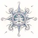 A traditional-style tattoo featuring the Sun from Tangled surrounded by a decorative frame of filigree and ornamental patterns, giving it a timeless and elegant look. tattoo design idea