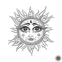 A traditional-style tattoo featuring the Sun from Tangled surrounded by a decorative frame of filigree and ornamental patterns, giving it a timeless and elegant look. tattoo design idea