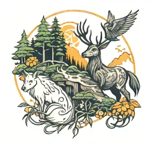 witchcraft inspired tattoo featuring forest scene tattoo design idea