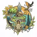 witchcraft inspired tattoo featuring forest scene tattoo design idea