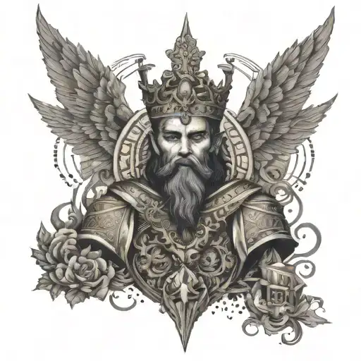 The immortal king without a crown, surrounded by symbols of his vast empires and the secrets of the akashic records tattoo design idea