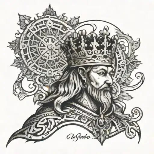 An intricate design of a king without a crown, embodying nobility and greatness, with a background of mystical symbols and ancient texts. tattoo design idea