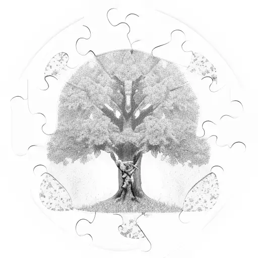 a tree with puzzle peace as leaves. a swing from one branch and a boy on the swing and 1 grave stone next to him tattoo design idea