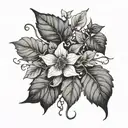 little men tattoo design placed on forearm, single vine, few loosely spread ivy leaves, few small blooms   tattoo design idea
