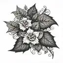little men tattoo design placed on forearm, single vine, few loosely spread ivy leaves, few small blooms   tattoo design idea