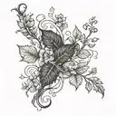 forearm men tatoo, single long vine with few loosely spread ivy leaves, small blooms   tattoo design idea