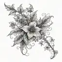 forearm men tatoo, single long vine with few loosely spread ivy leaves, small blooms   tattoo design idea