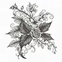 forearm men tatoo, single long vine with few loosely spread ivy leaves, small blooms   tattoo design idea