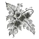 forearm men tatoo, single long vine with few loosely spread ivy leaves, small blooms   tattoo design idea