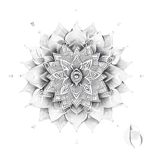 A chakra symbol surrounded by a wreath of flowers and butterflies tattoo design idea
