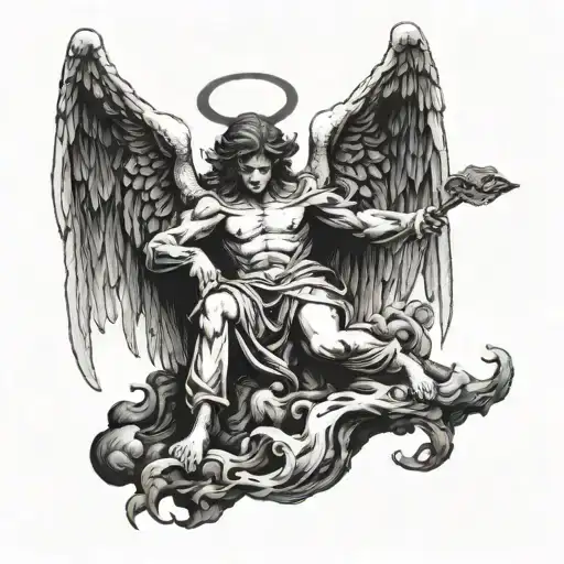Angel stepping on the devil's head in blackwork style tattoo design idea