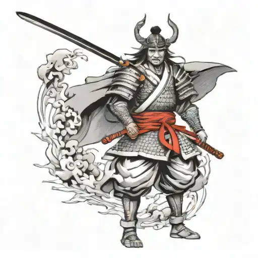 Create a dramatic and dynamic black-and-white illustration of a samurai warrior standing in a powerful stance. The samur tattoo design idea