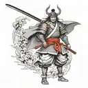 Create a dramatic and dynamic black-and-white illustration of a samurai warrior standing in a powerful stance. The samur tattoo design idea