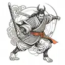 Create a dramatic and dynamic black-and-white illustration of a samurai warrior standing in a powerful stance. The samur tattoo design idea