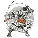 Create a dramatic and dynamic black-and-white illustration of a samurai warrior standing in a powerful stance. The samur tattoo design idea