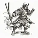 Create a dramatic and dynamic black-and-white illustration of a samurai warrior standing in a powerful stance. The samur tattoo design idea