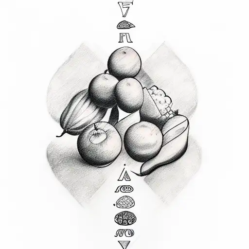 A sketch-style tattoo of a beautifully designed number 7 composed of various food items like fruits, vegetables, and spices, representing the client's fascination with numbers and their love for food. tattoo design idea
