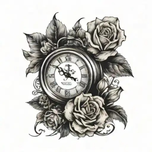 A tattoo for a man of Two realistic clocks representing my two Childers time of birth dates and names with flowers and l tattoo design idea