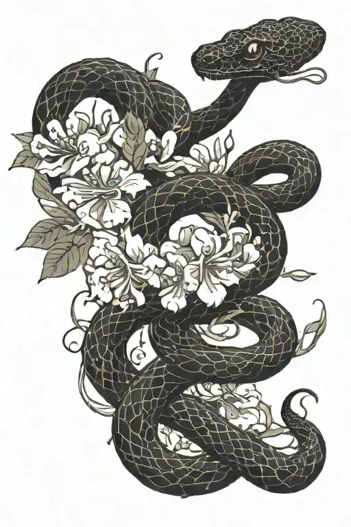 a black snake with chery blossom tree in background tattoo design idea