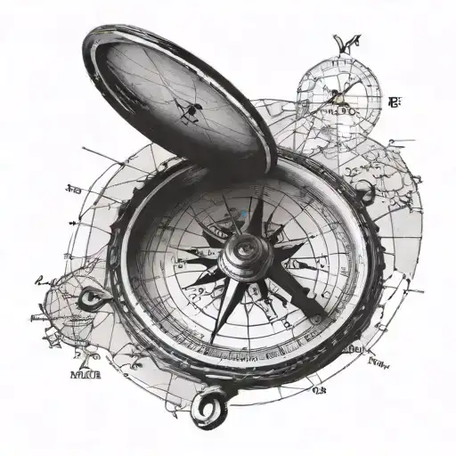 A realistic black and grey tattoo of a vintage compass with a map in the background tattoo design idea