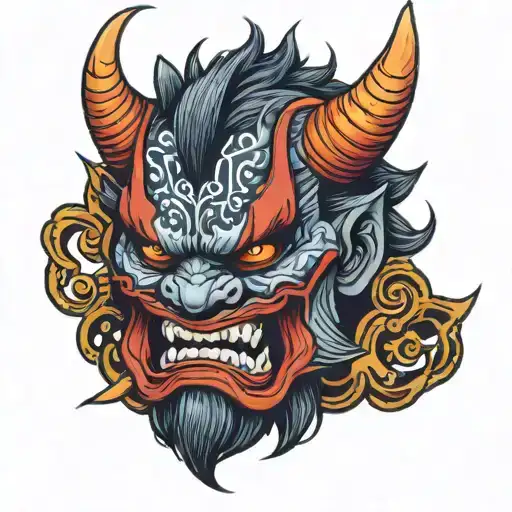 Akuma Oni mask coloured tattoo design idea