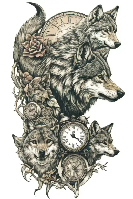 wolf and 2 cubs with 2 clocks tattoo design idea