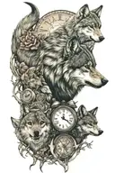 wolf and 2 cubs with 2 clocks tattoo design idea