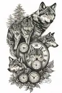 wolf and 2 cubs with 2 clocks tattoo design idea