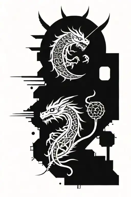 sun moon and dragon intertwined tattoo design idea