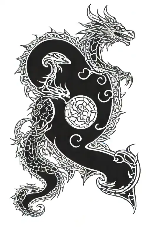 sun moon and dragon intertwined hearts tattoo design idea