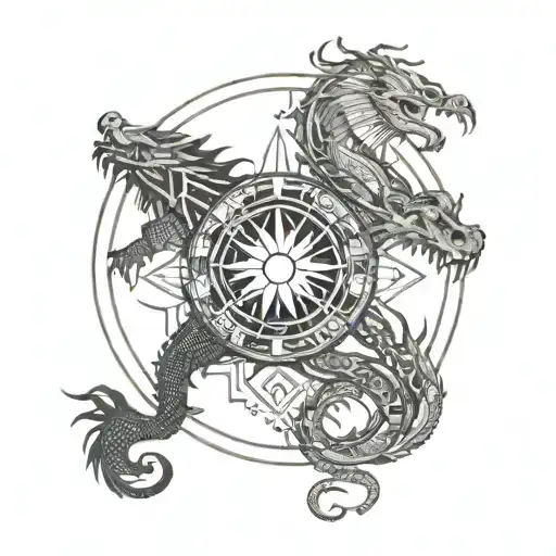 sun moon and dragon intertwined tattoo design idea