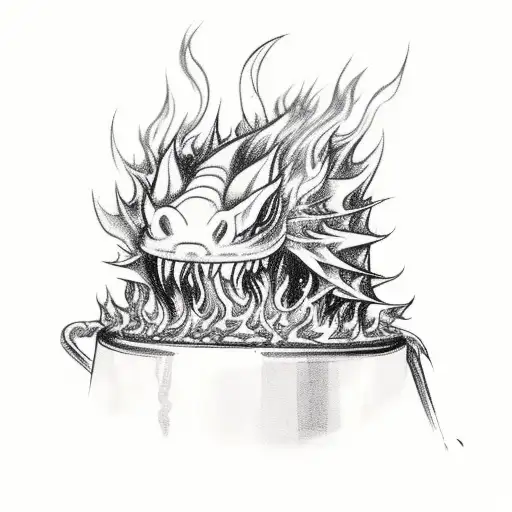 A chef's hat engulfed in flames with a dragon emerging from it tattoo design idea