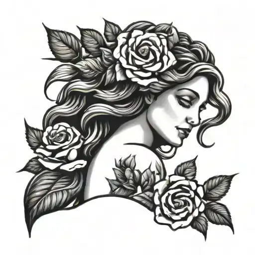 Aphrodite with roses in her hair and holding a golden apple tattoo design idea