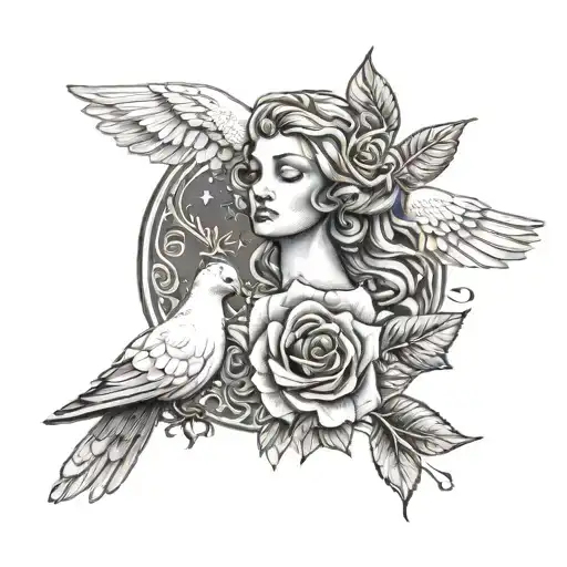 Aphrodite with a rose in one hand and a dove in the other tattoo design idea