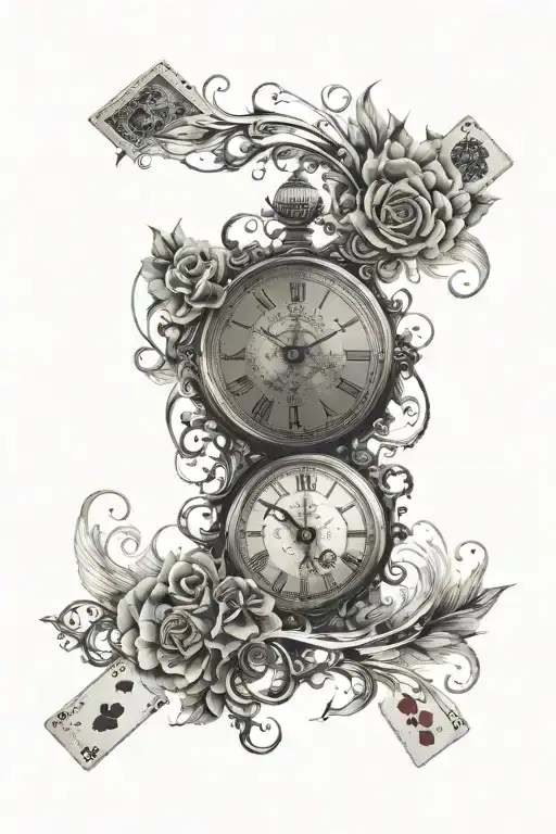 Classic clock with eye in the center, fine sketches of continents in the background or border, playing card tattoo design idea