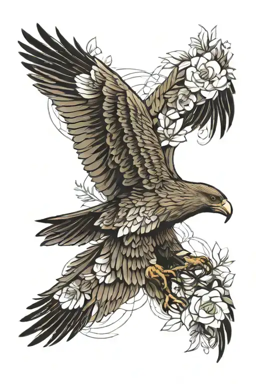 golden eagle with flowers tattoo design idea