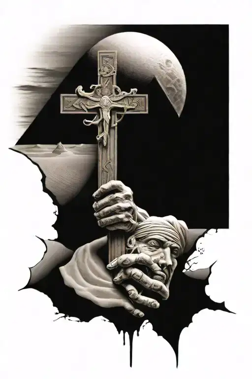 Annubis holding a cross of eternal life in front of the pyramids and flowing sand tattoo design idea