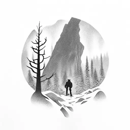 nature, grim, lonely hiker, rain tattoo design idea