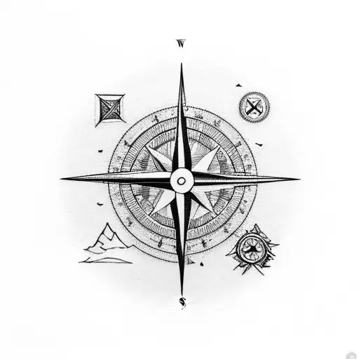Compass with mountains and trees and a boy doing Journalling integrated into the compass. The numbers 9867 are also in.  tattoo design idea