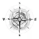Compass with mountains and trees and a boy doing Journalling integrated into the compass. The numbers 9867 are also in.  tattoo design idea