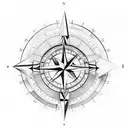 Compass with mountains and trees and a boy doing Journalling integrated into the compass. The numbers 9867 are also in.  tattoo design idea