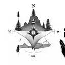 Compass with mountains and trees and a boy doing Journalling integrated into the compass. The numbers 9867 are also in.  tattoo design idea